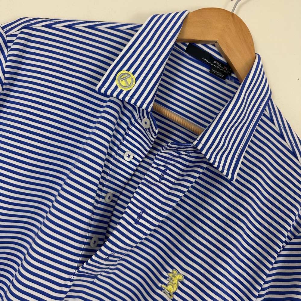 RLX Ralph Lauren Rare Polo Shirt Blue Stripe Tour Rat Scotty Cameron Logo L